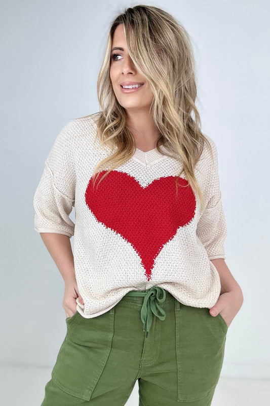 "Hello Sweetheart" V-Neck Dropped Sleeve Heart Print Knit Top
